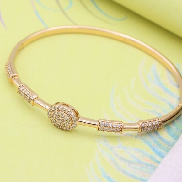 Rose Gold Bangle with Oval CZ Center and Textured Segments, XPBL0597 - Picture 5 of 12